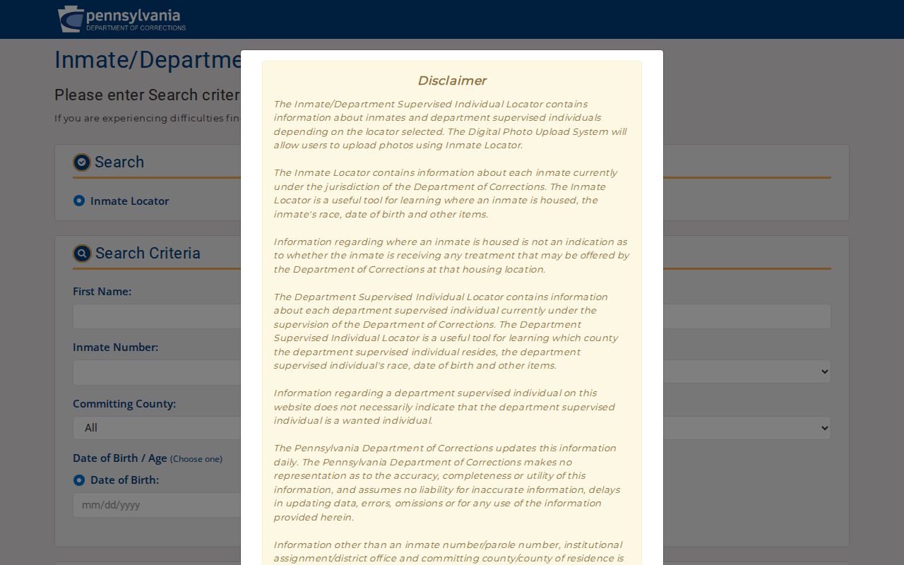 PA DOC custody search limits for Sullivan County arrest records