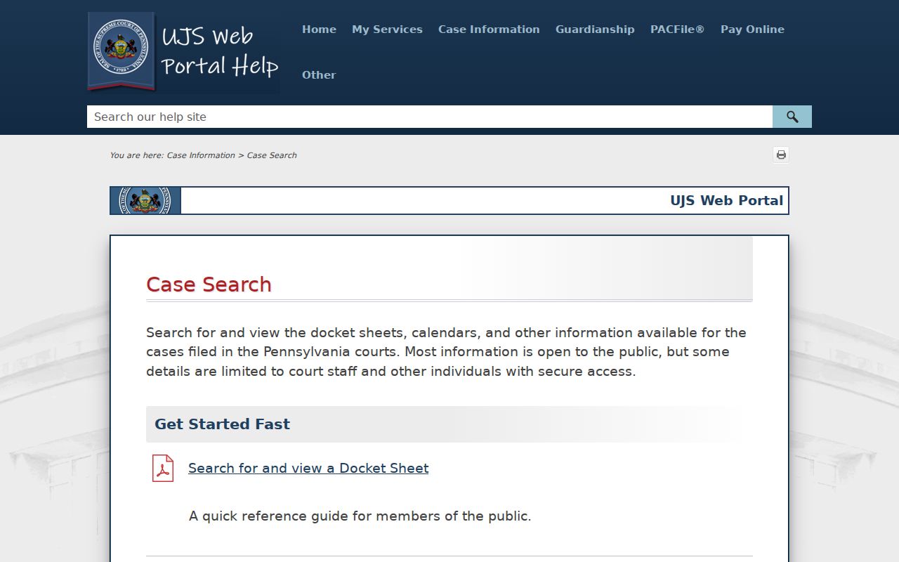 Official help for Sullivan County UJS criminal court case searches